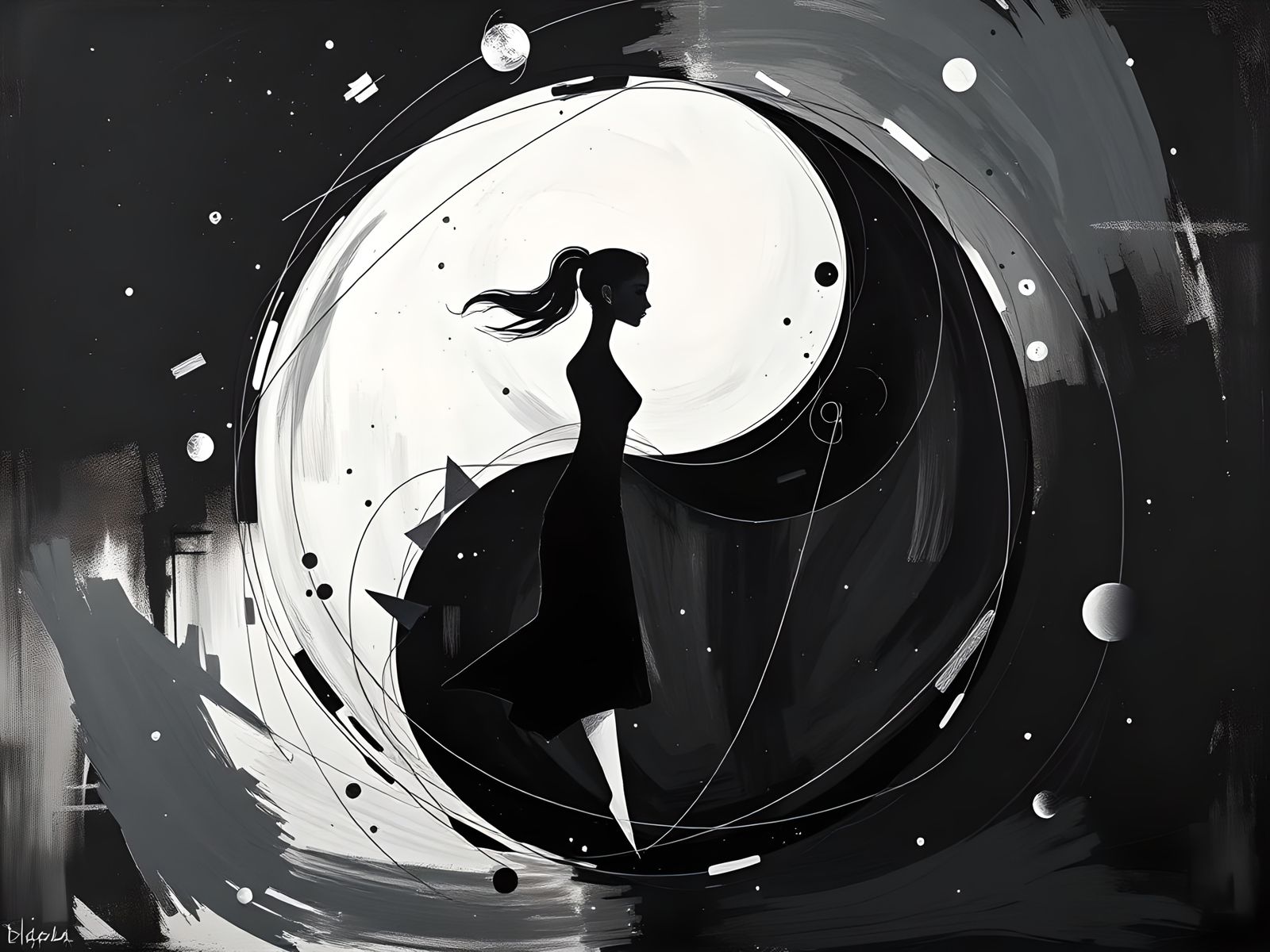 Abstract Cubist Yin Yang with Figures