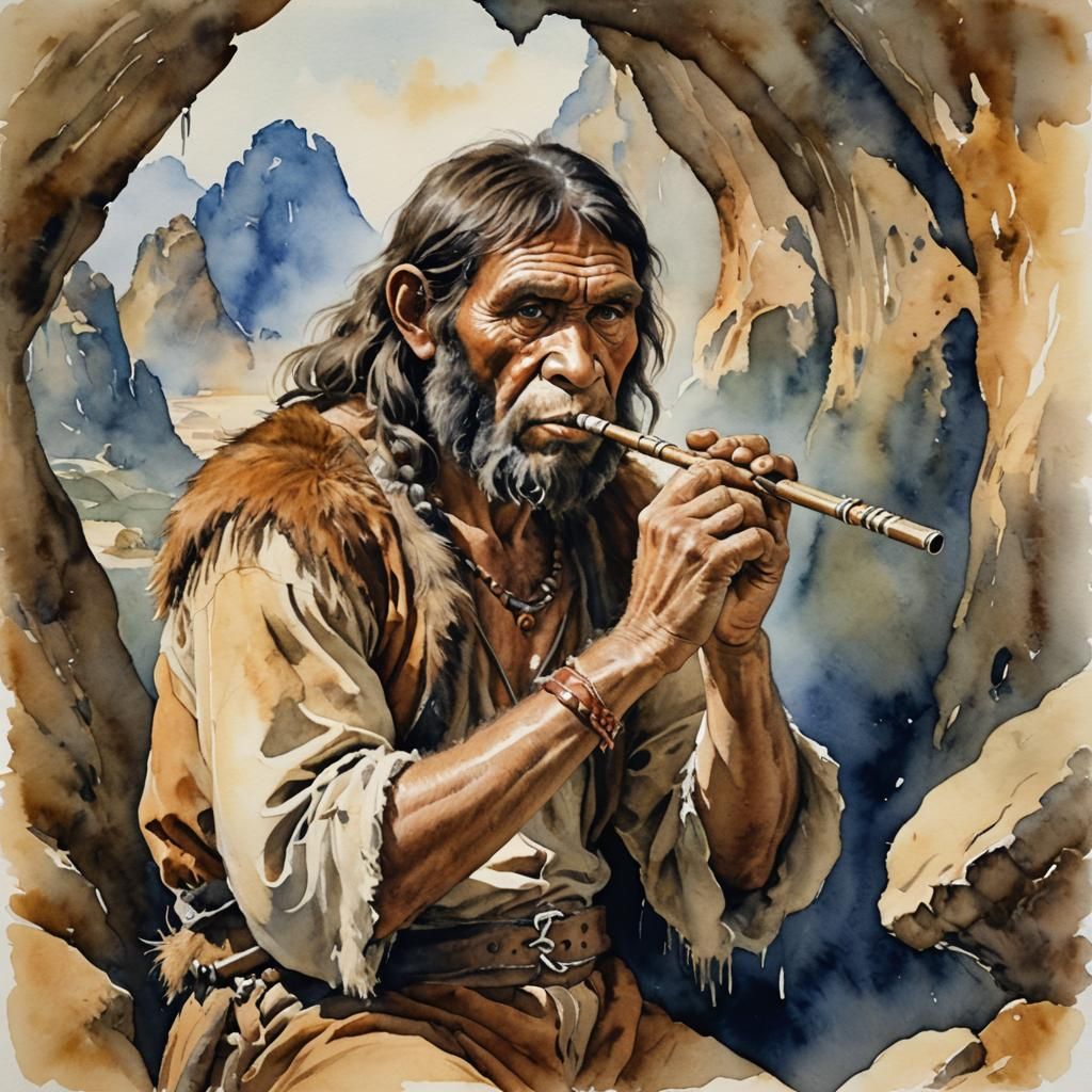Neanderthal Flute Player in Watercolor Style