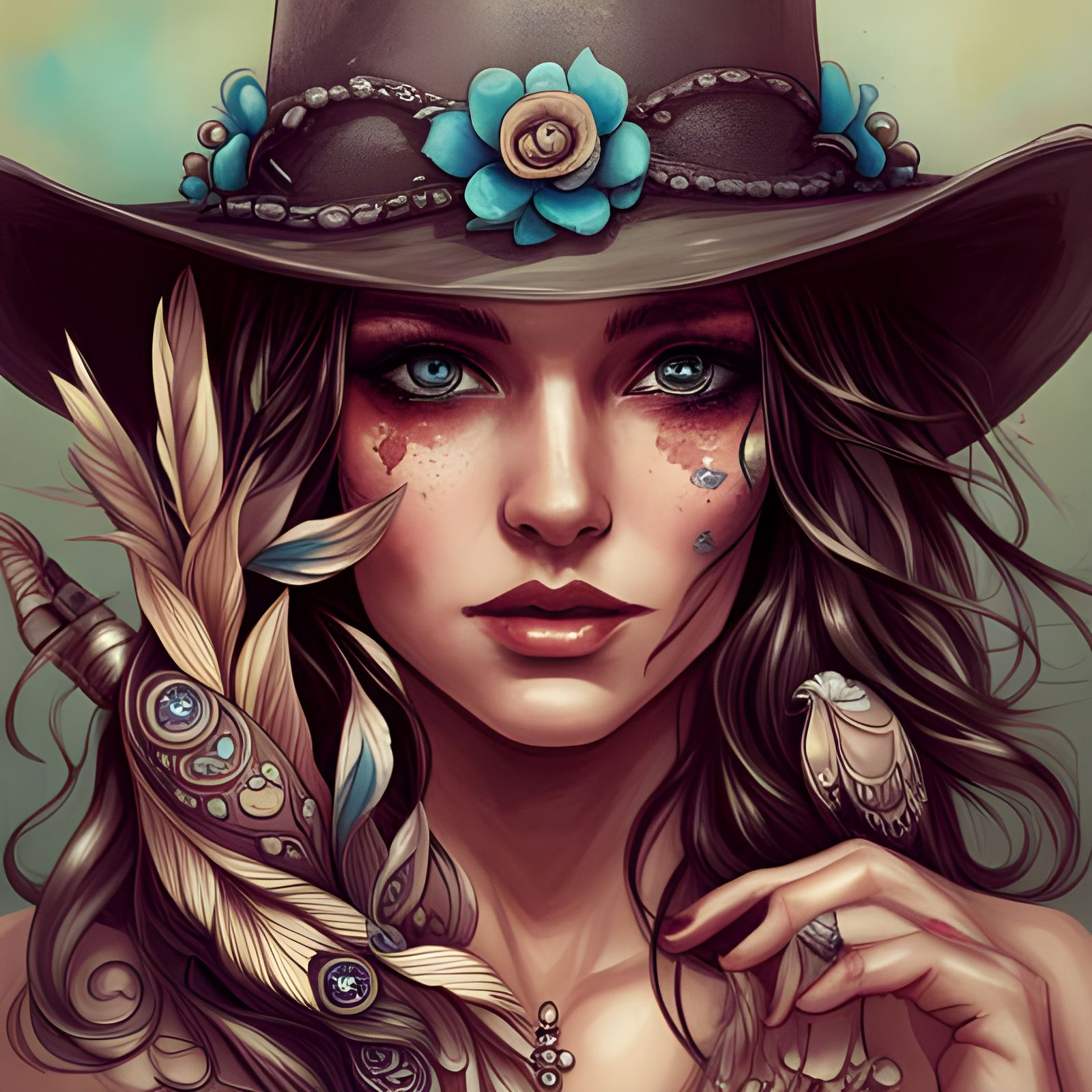 Gorgeous Anime Cowgirl Portrait with Native American Style