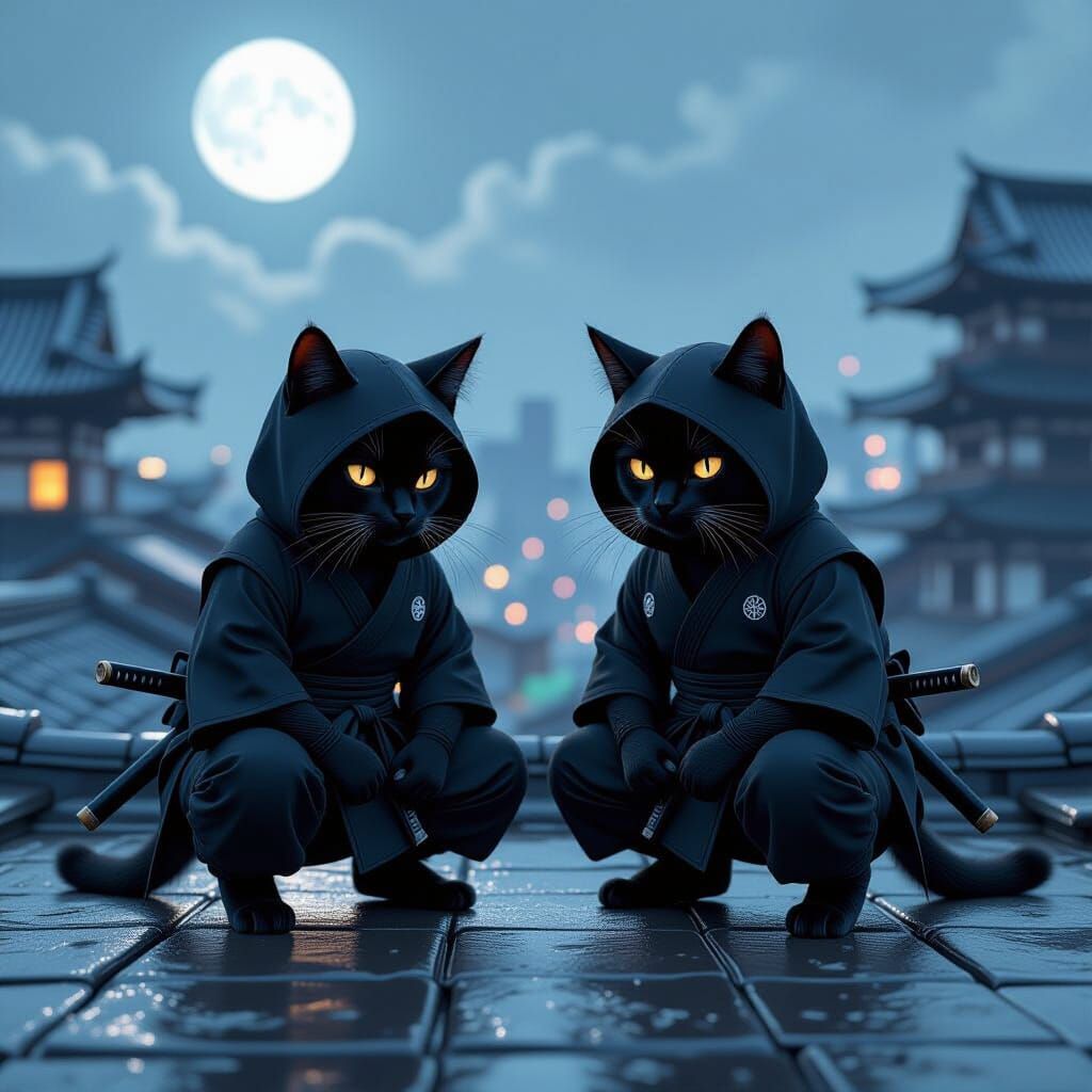 Ninja Cats on Moonlit Rooftop, Photorealistic Style