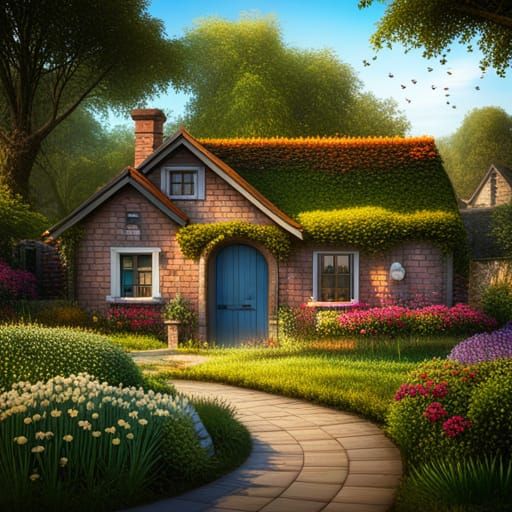 Charming Brick House with Kitten and Flower Garden