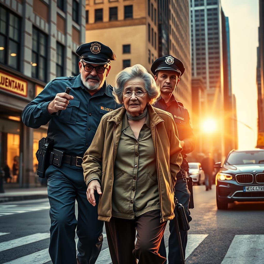 Buddy Cops Assist Elderly Woman in Retro Movie Poster