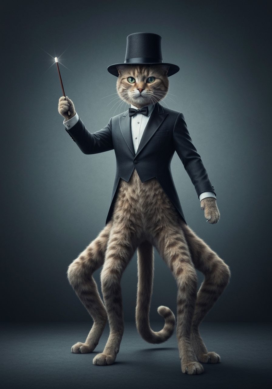 Surreal Cat Magician with Six Legs