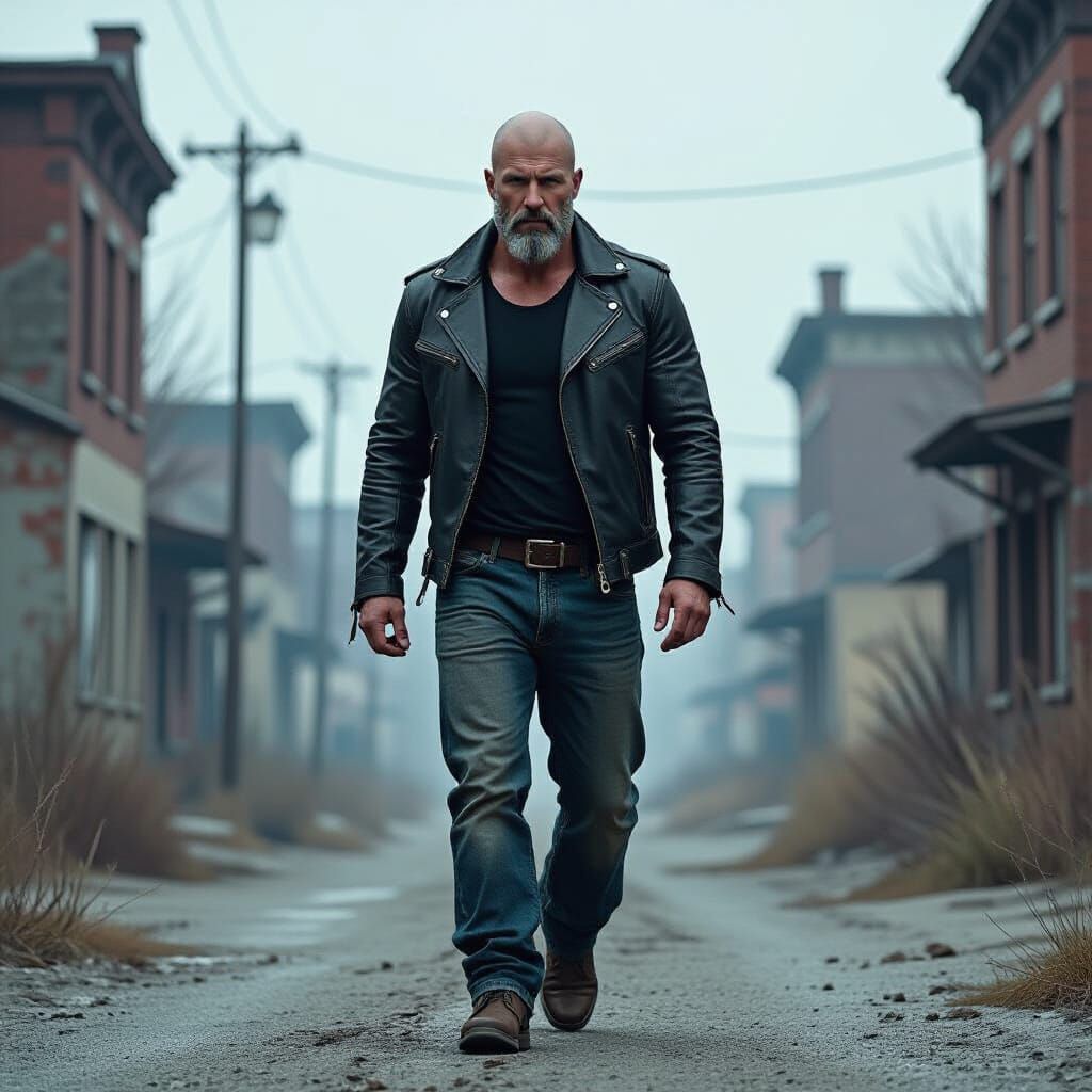 Muscular Man in Desolate Cityscape, Gritty Texture Style