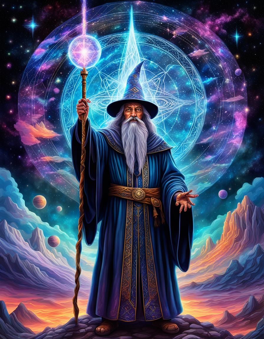 Wizard Summons Sky: Holographic Astral Cosmic Illustration