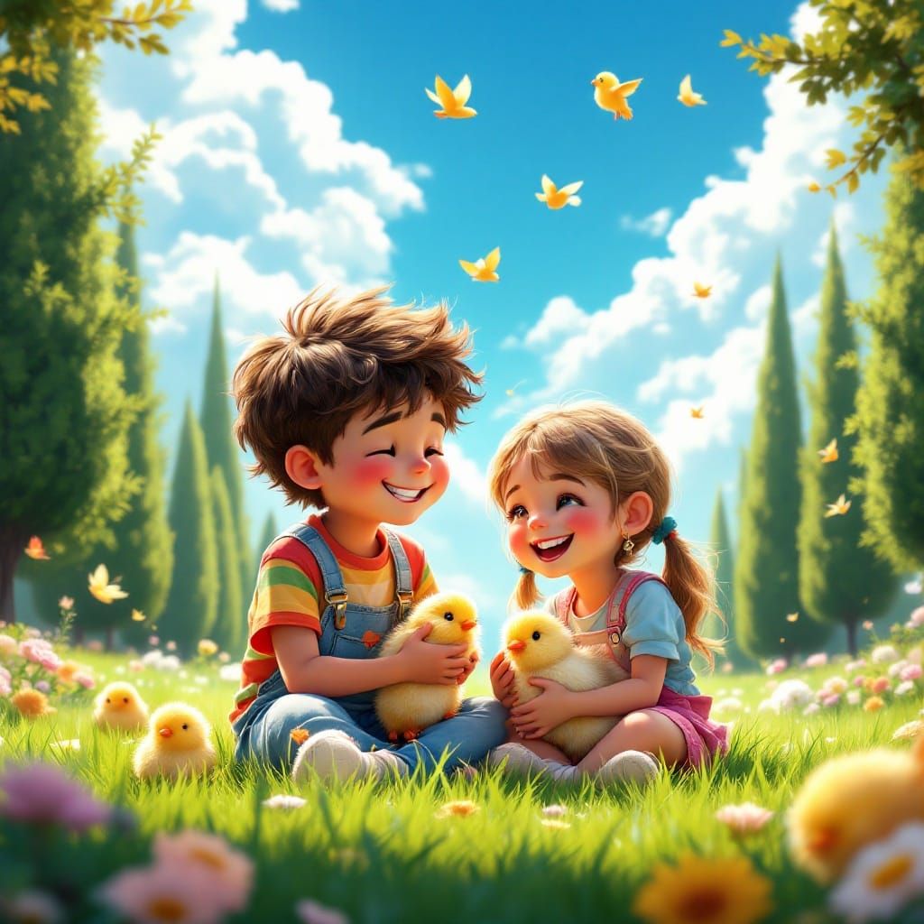 Children Petting Chicks and Rabbit in Dreamlike Landscape