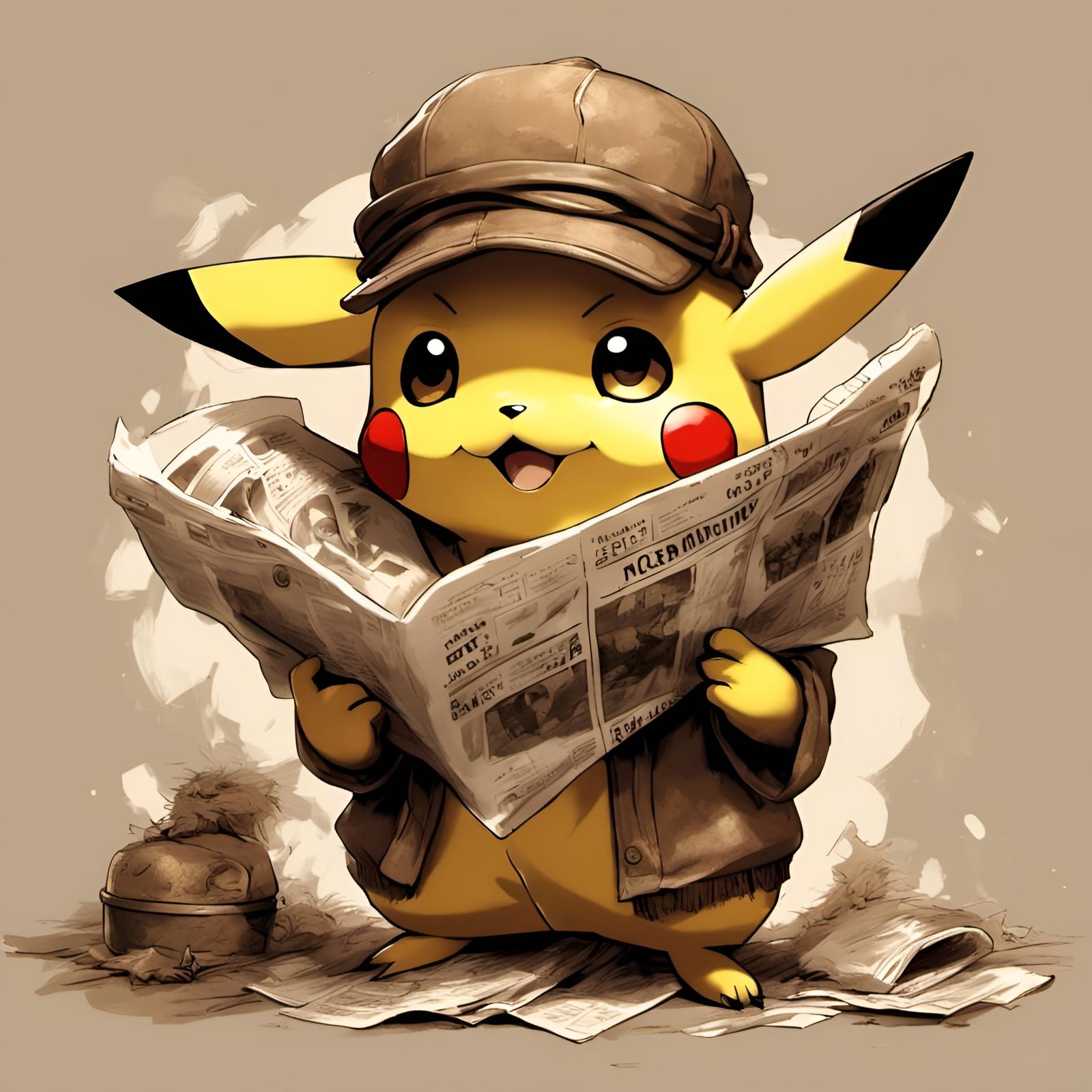 Chibi Pikachu as 1920s Newsboy, Sepia Digital Art