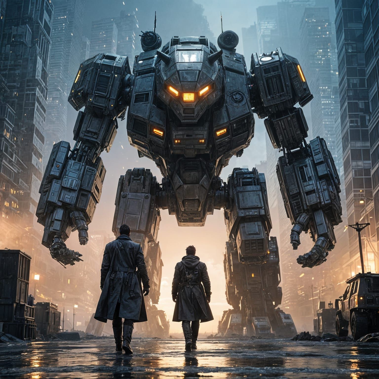 Sci-Fi Pilot and Giant Mechanical Bear in Noir Style