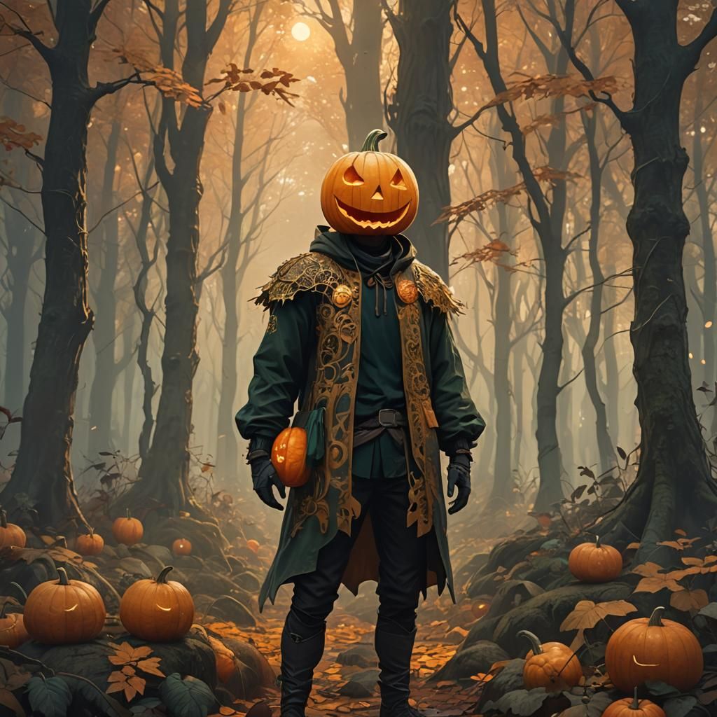 Mystical Forest Man with Pumpkin Head in Anime Style