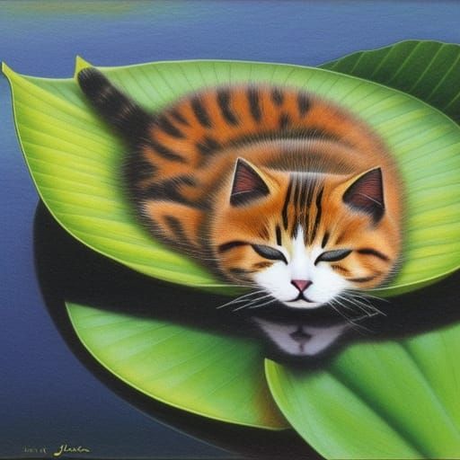 Cat Sleeping on Lotus Leaf, Detailed Pencil Drawing