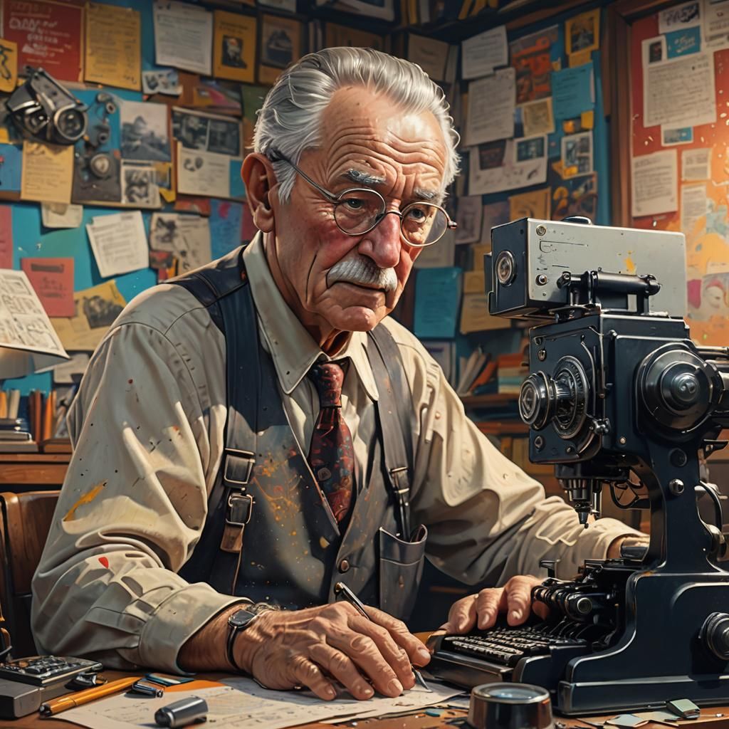 Hyperrealistic Grandpa Typing with Splash Art Background