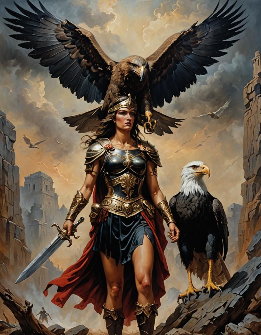Female Legionnaire and Eagle in Dark Fantasy Style