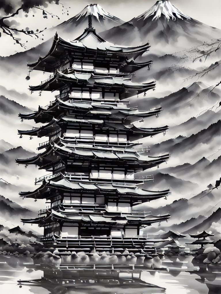 Pagoda Castle on Hill Over River Valley