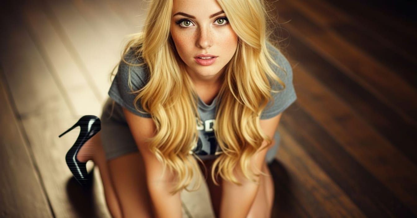 Young Woman with Blonde Hair and Green Eyes in Cinematic Sty...