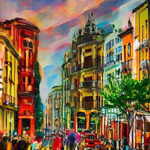 Fauvist Madrid Street Scene at Sunset
