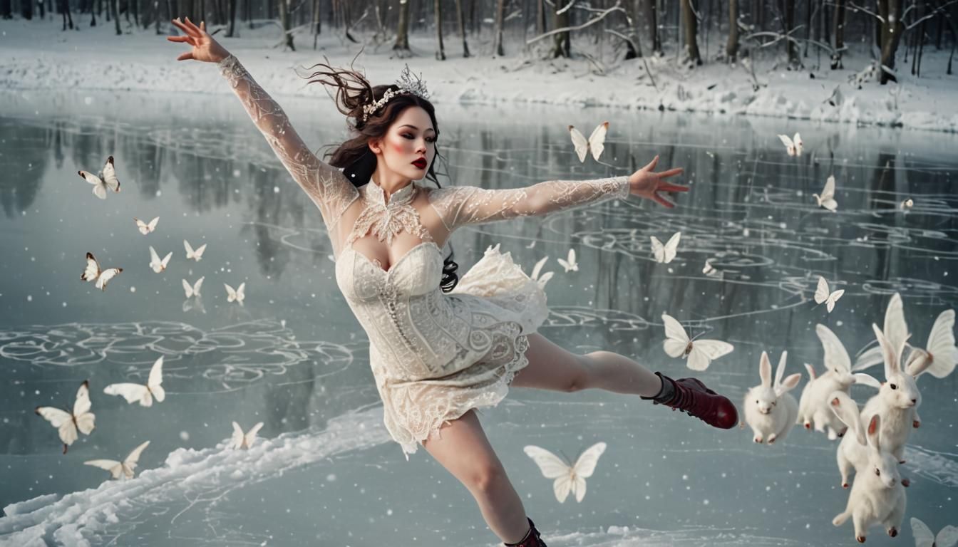 Fairytale Fairy Skating on Frozen Lake in Winter