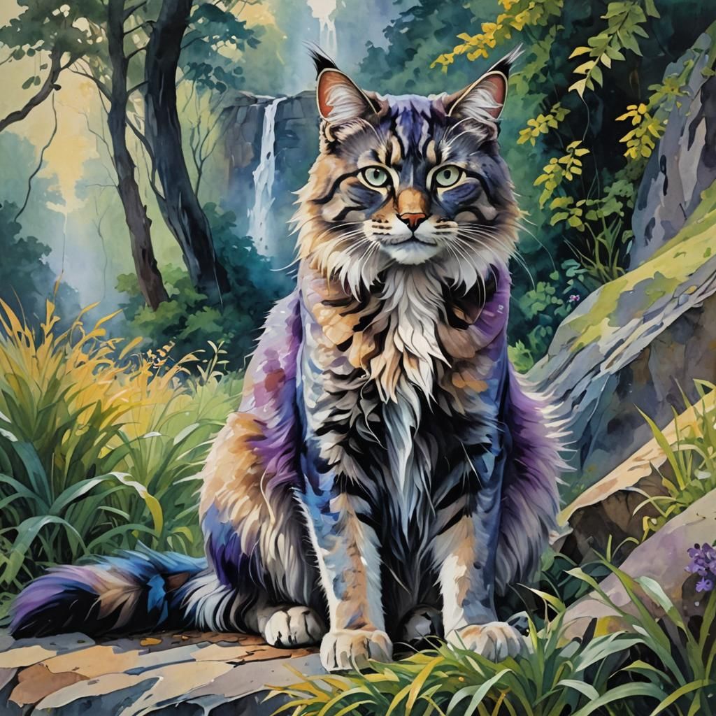 Fauvist Tomcat in Grassy Clearing with Waterfall