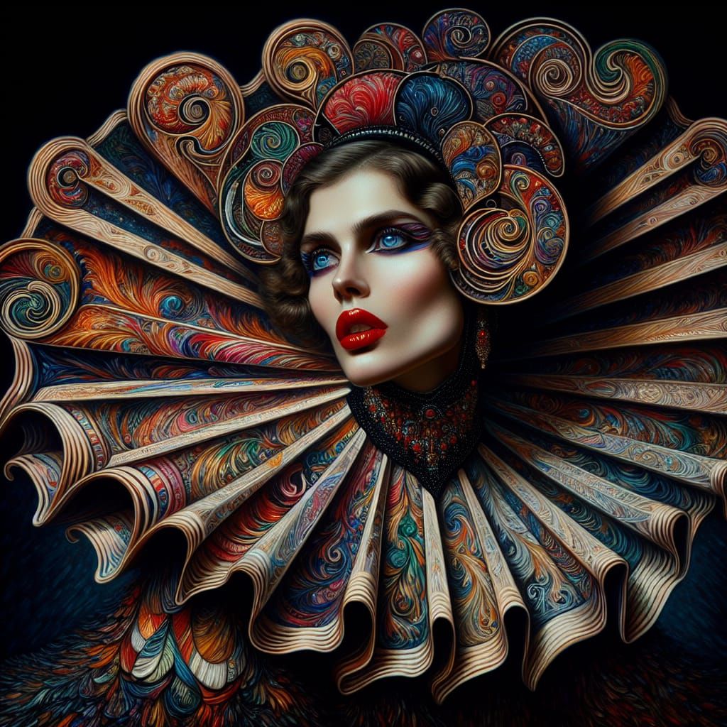 Elegant Art Deco Woman in Vibrant Red and Blue Attire