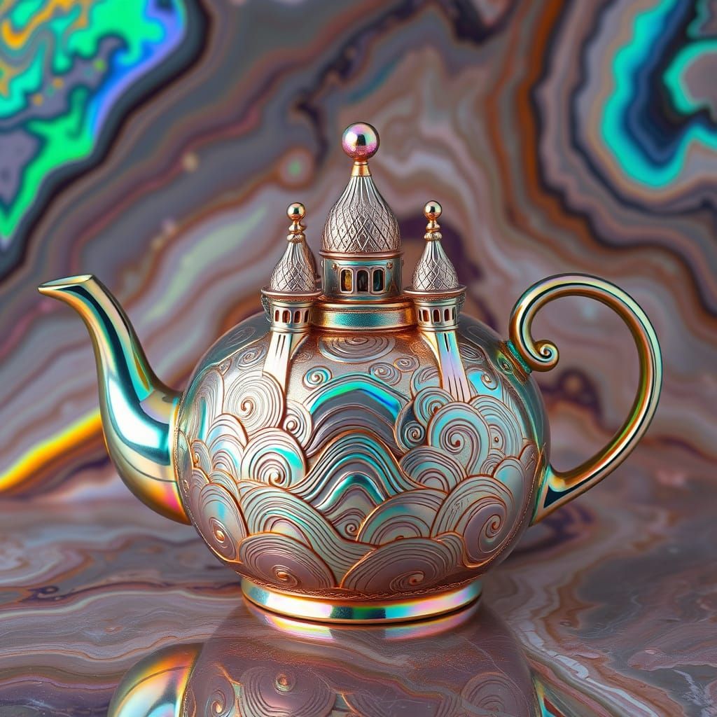 Teapot with Iridescent Towers in Shimmering Agate