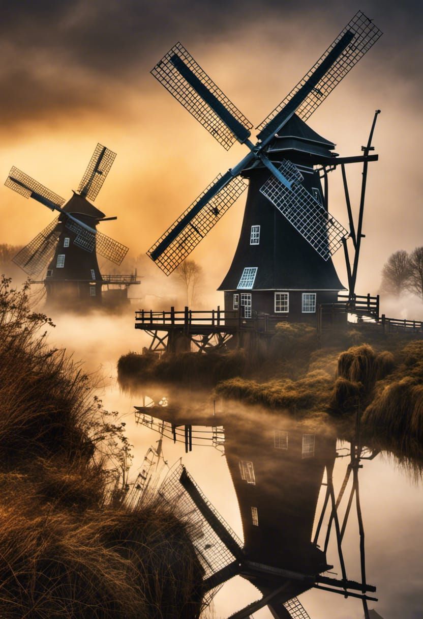 Cyberpunk Windmills in Dystopian Cityscape