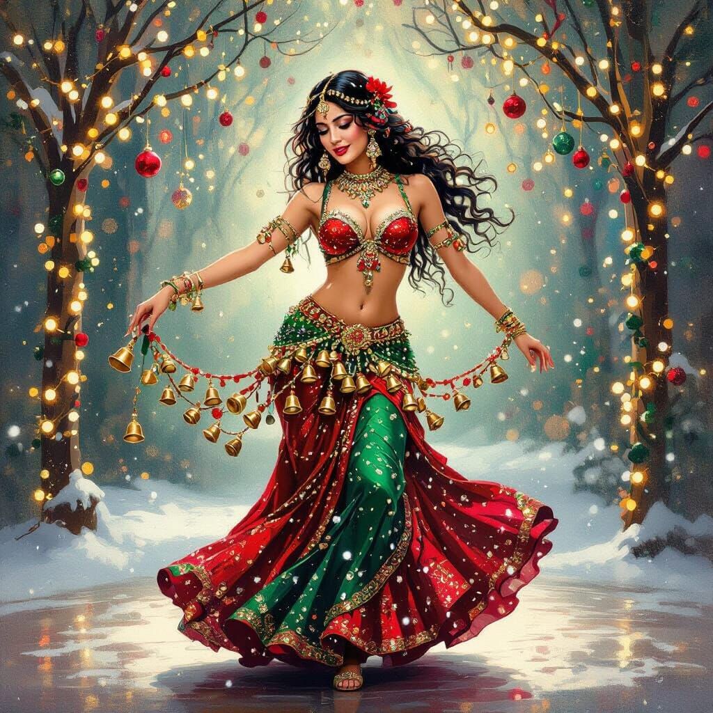 Belly Dancer in Festive Christmas Oil Painting Style