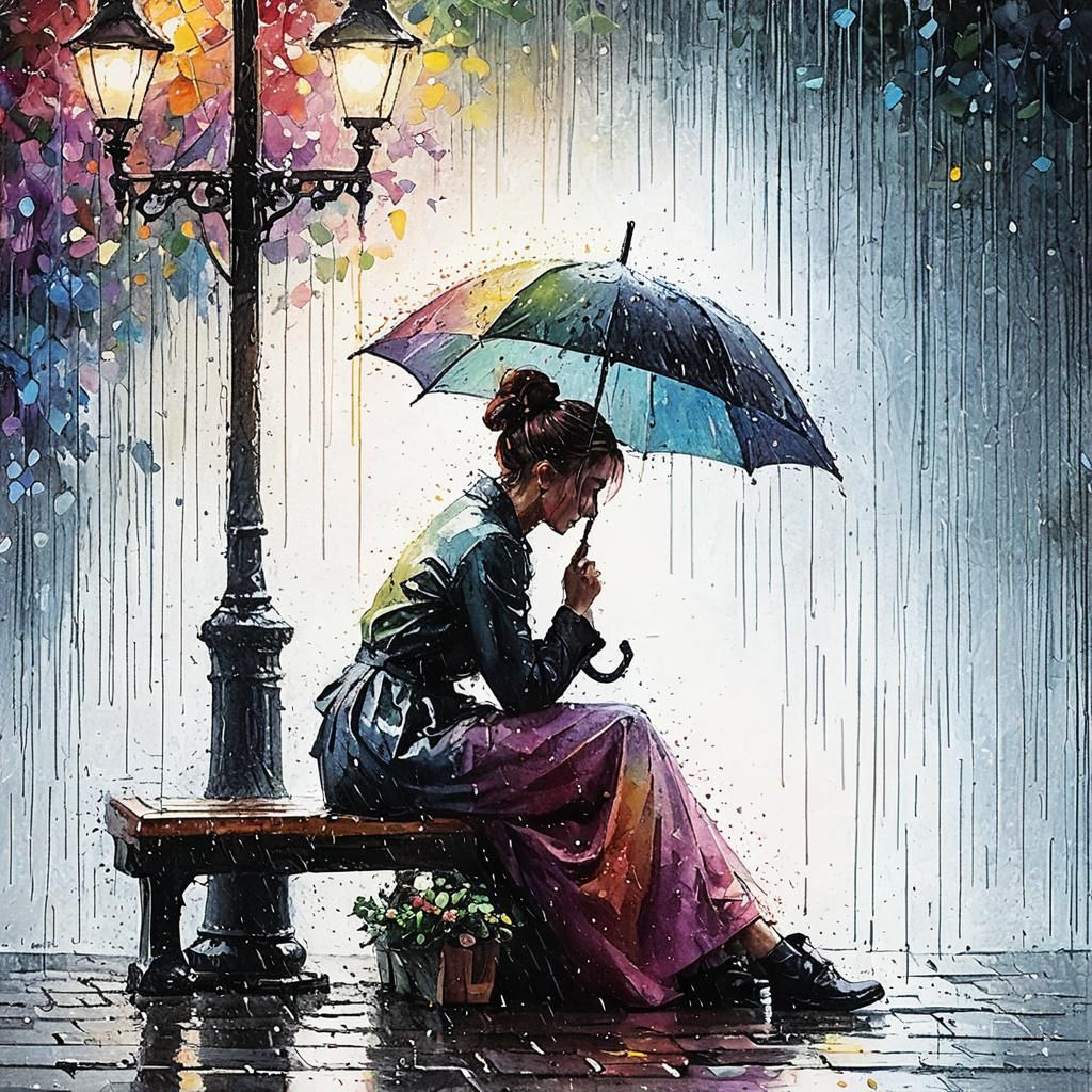 Girl with Rainbow Hair in Rainy Impressionist Painting