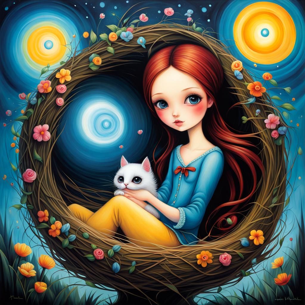 Girl in Nest, Detailed Whimsical Art
