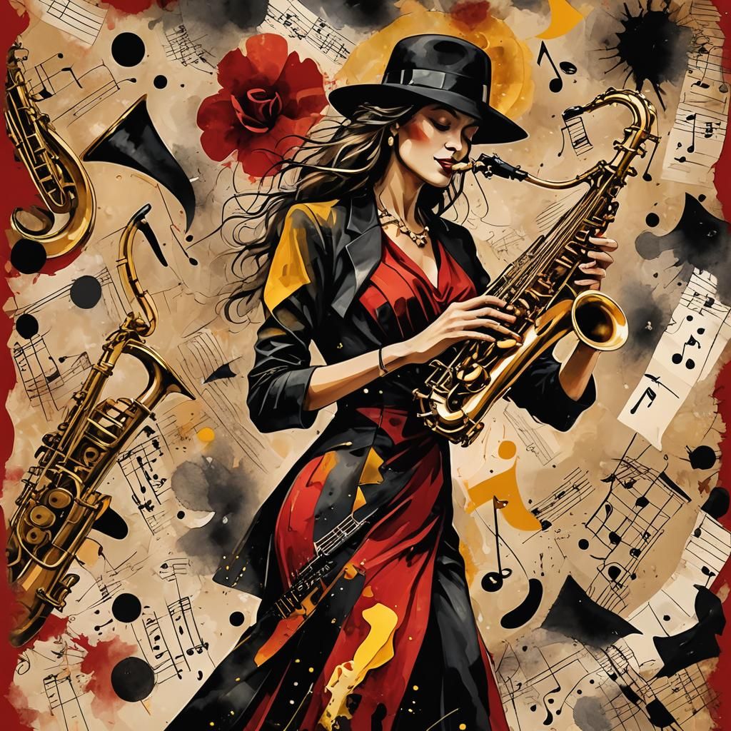 Jazz Woman Saxophonist in Surreal Abstract Style
