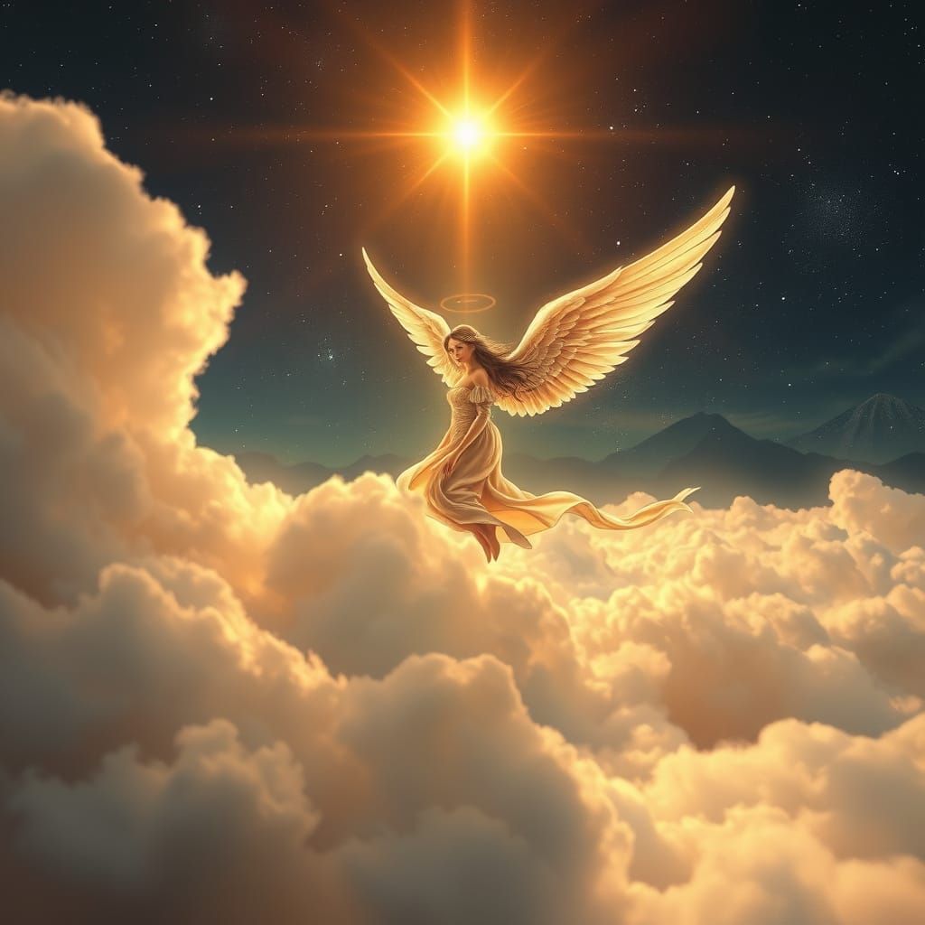 Golden Angel Glides Across Heavenly Clouds
