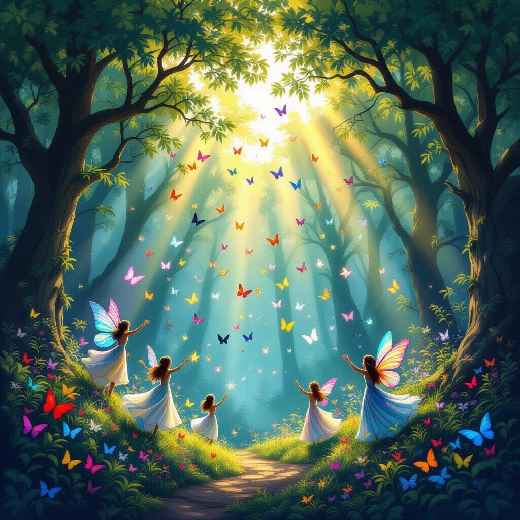 Enchanted Forest Spirits Transform into Rainbow Butterflies