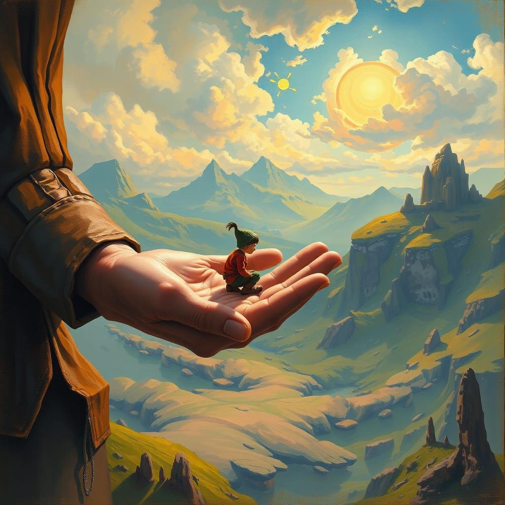 Giant and Dwarf in Dreamlike Landscape