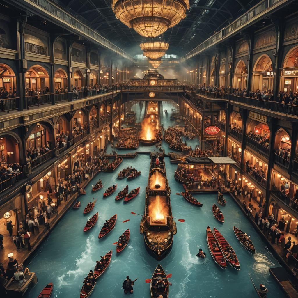 Steampunk Indoor River Scene with Casino and Jungle