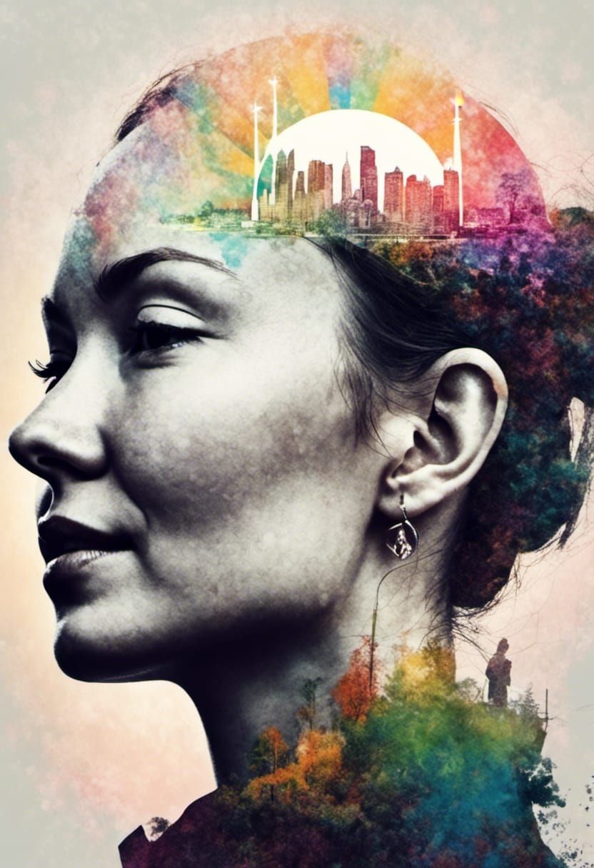 Rainbow Double Exposure Portrait in Digital Art Style