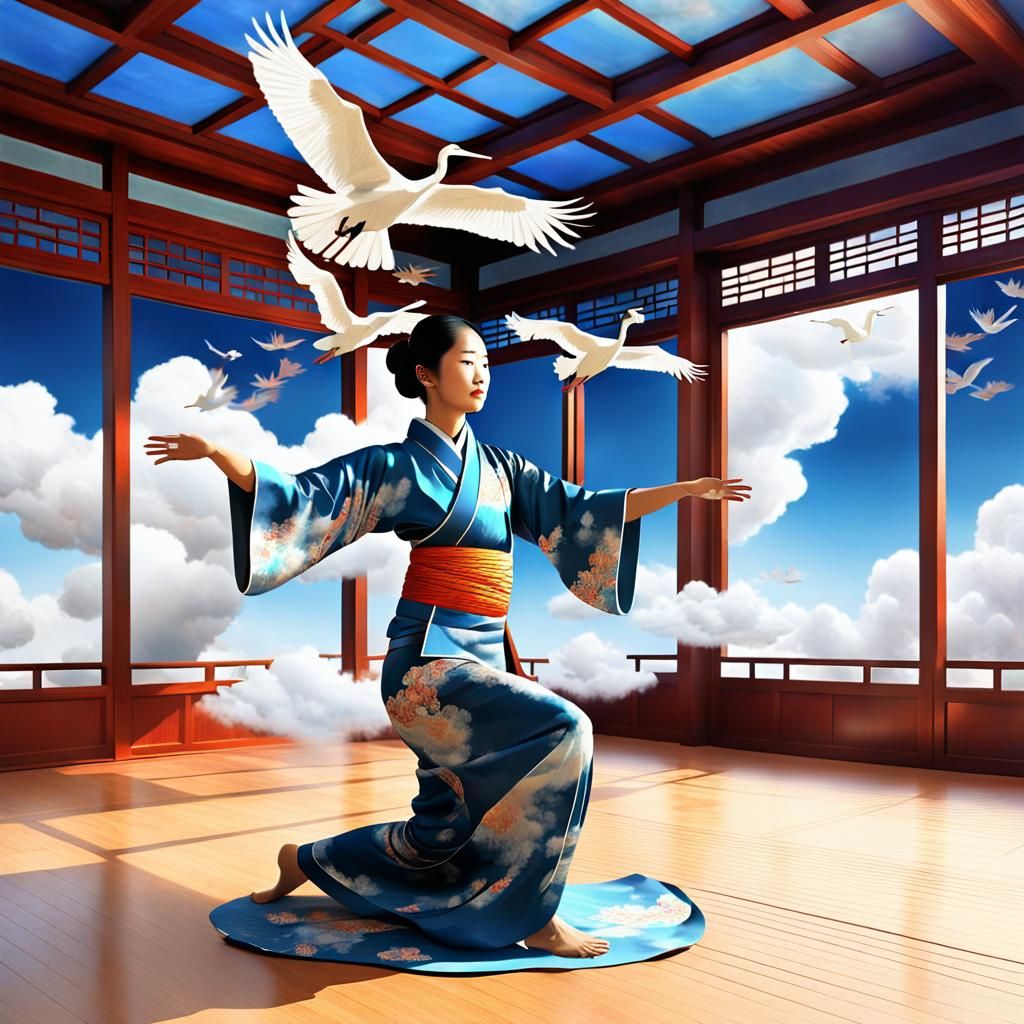 Asian Woman, Crane, and Tai Chi in Surreal Style