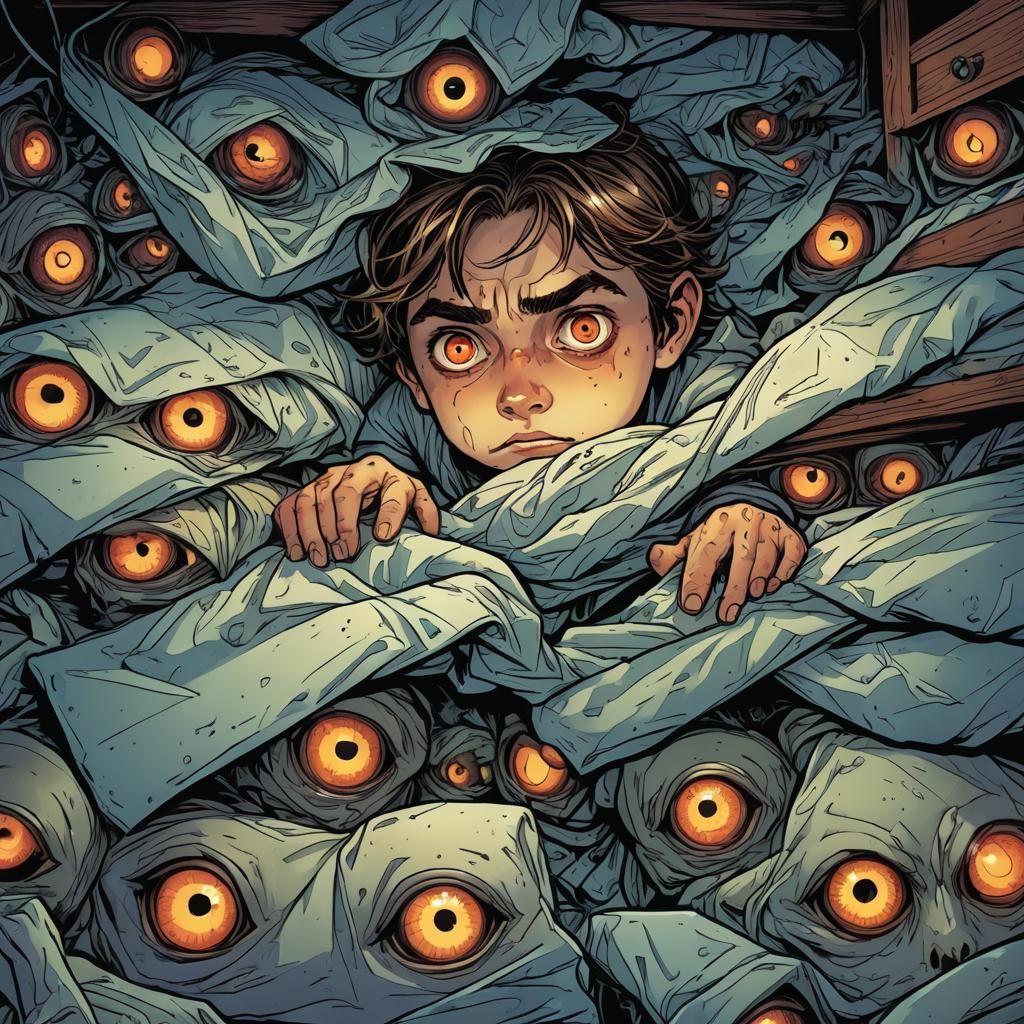 Eerie Glowing Eyes Under Bed, Comic Book Art