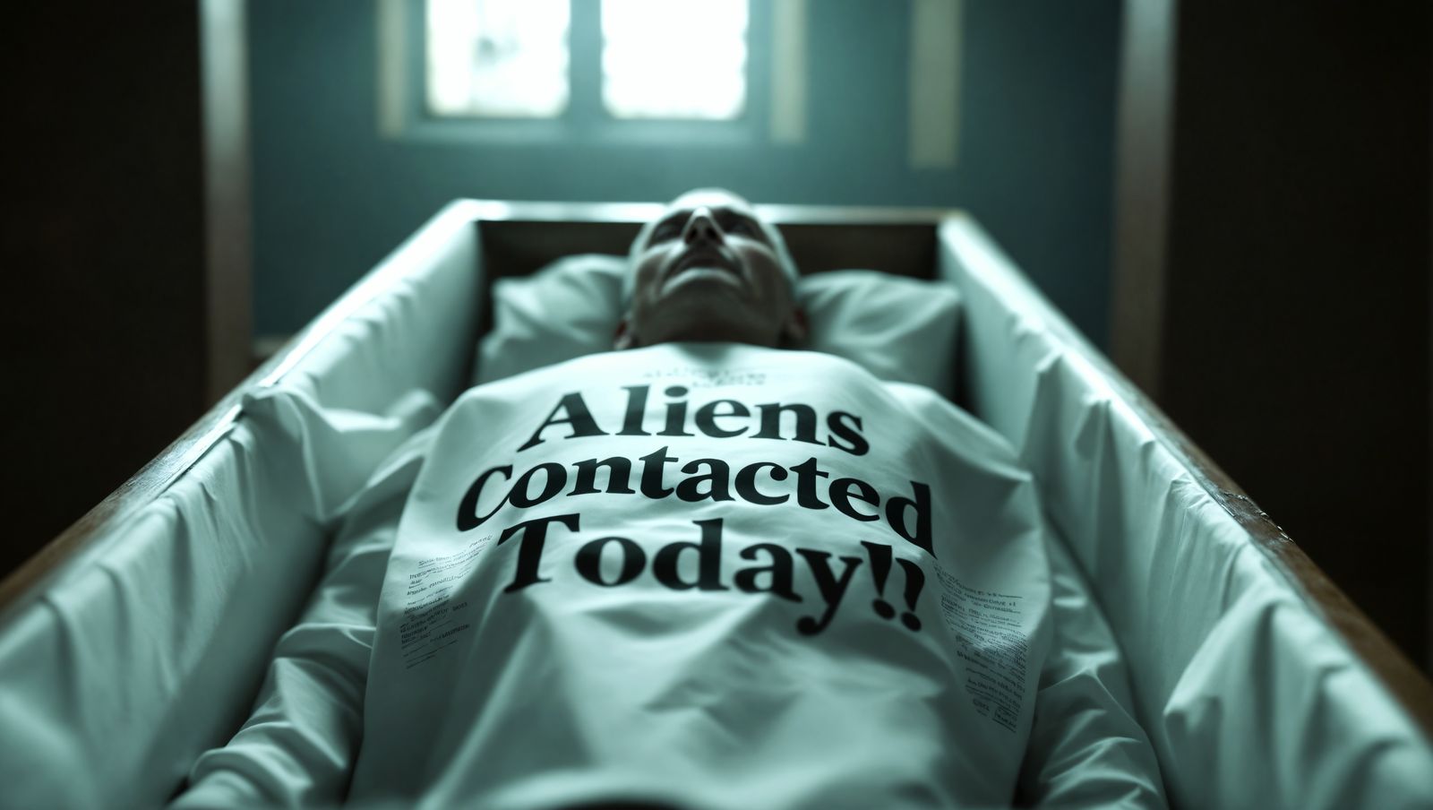Man in Coffin Reads Alien Contact News