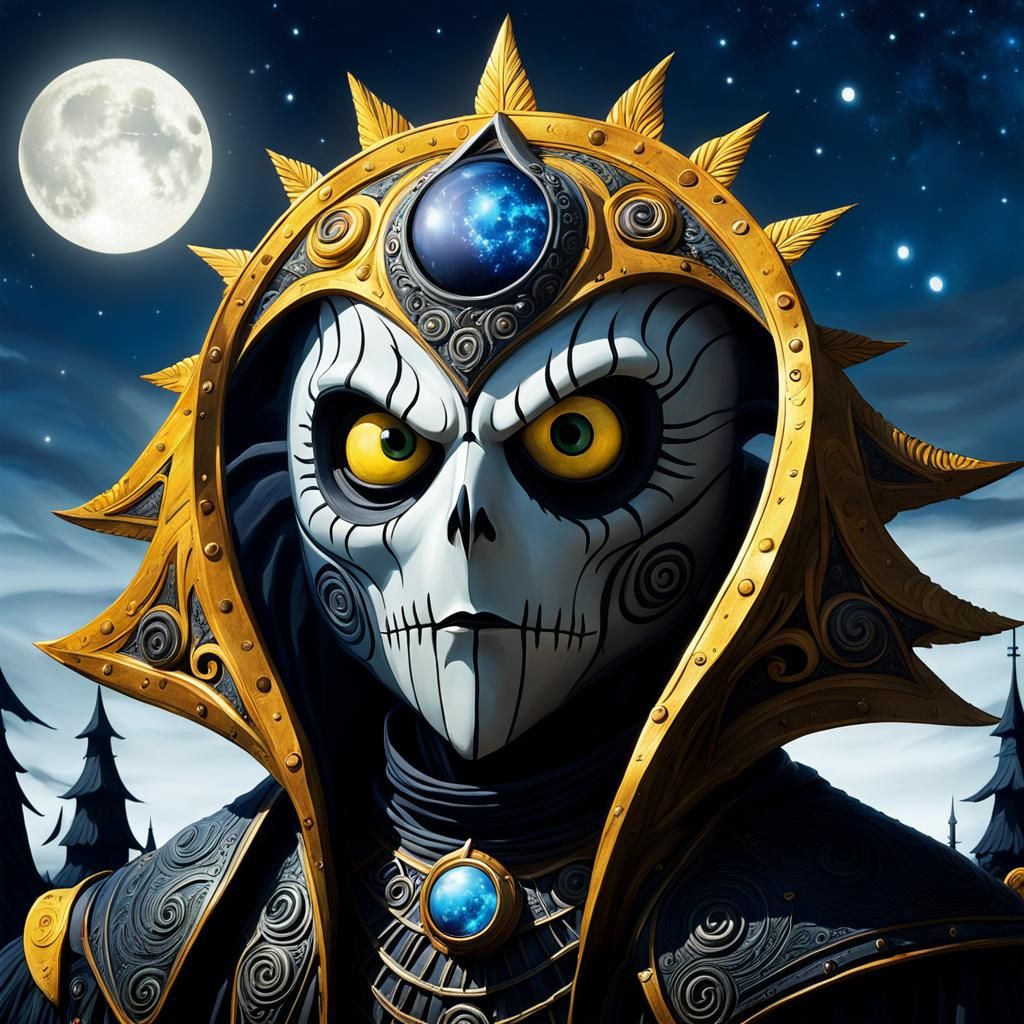 Sun and Moon Guardians in Tim Burton Cartoon Style