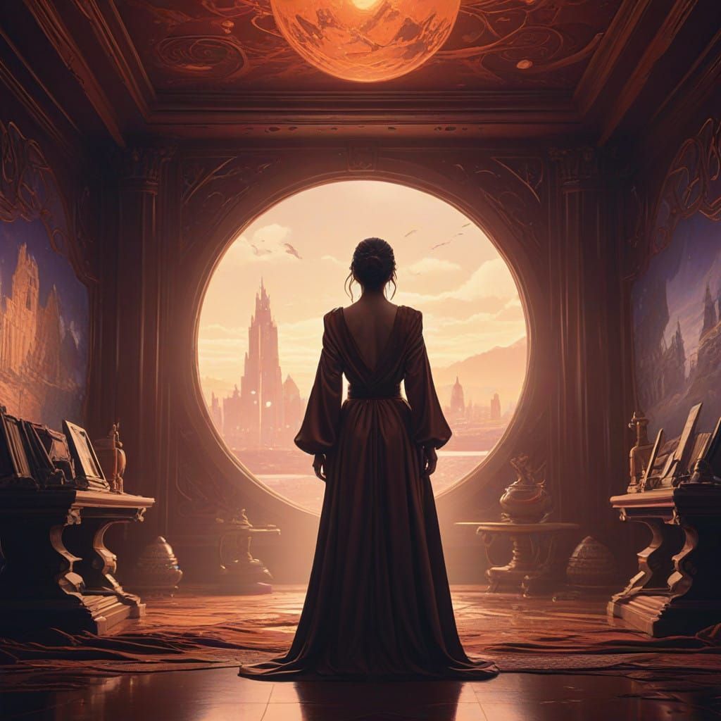 Elegant Woman in Mystical Atmosphere, Wine-Colored Backgroun...