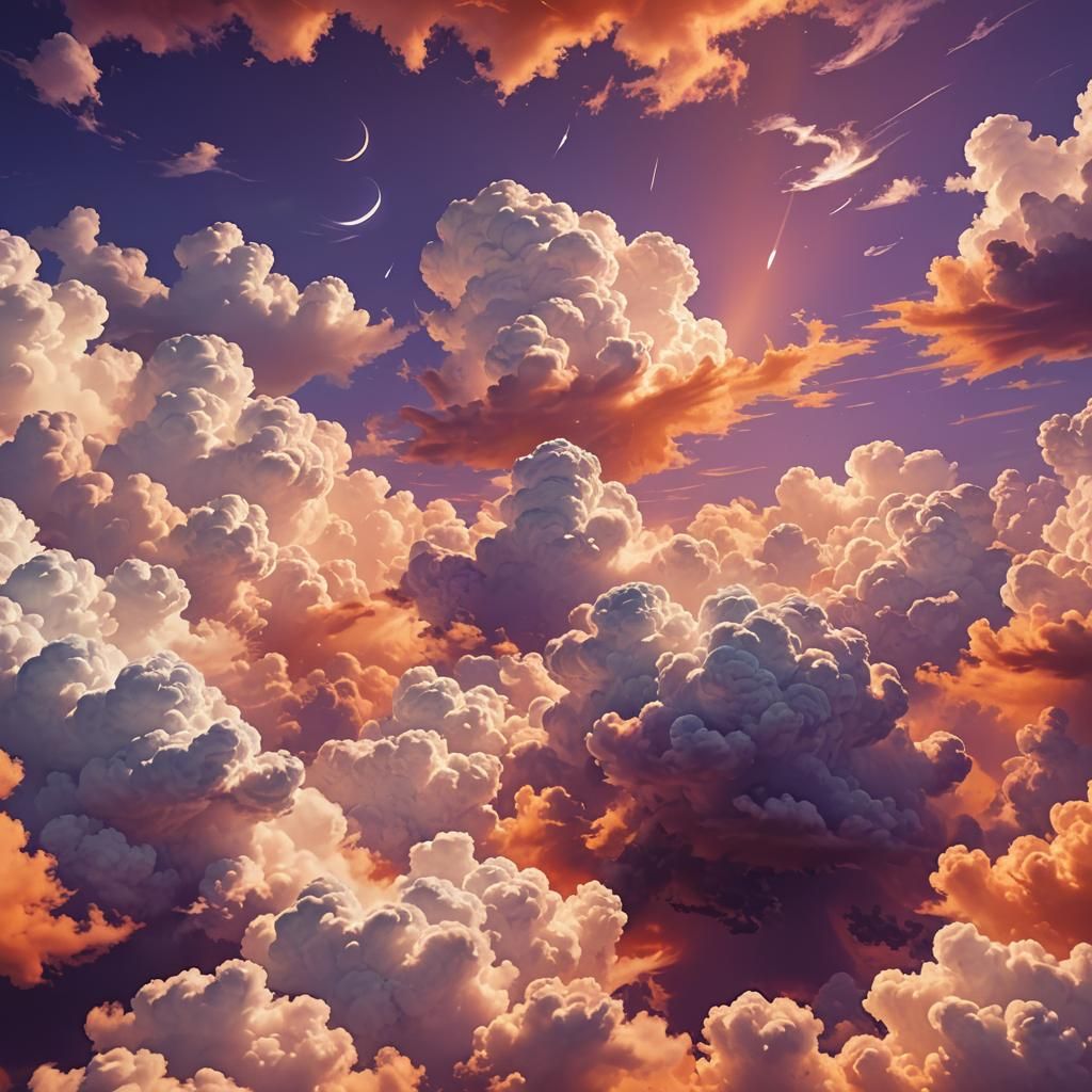 Retro-Futuristic Sunset with Cute Clouds as Digital Art