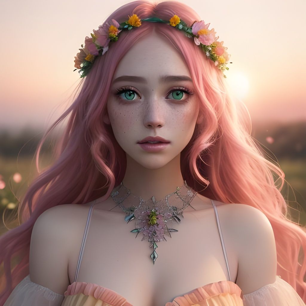 Sunrise Goddess Portrait with Flowercrown in Anime Realism