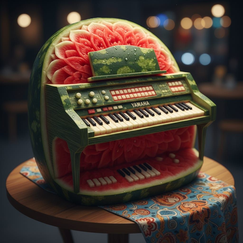 Intricate Watermelon Carving Of A Yamaha Organ
