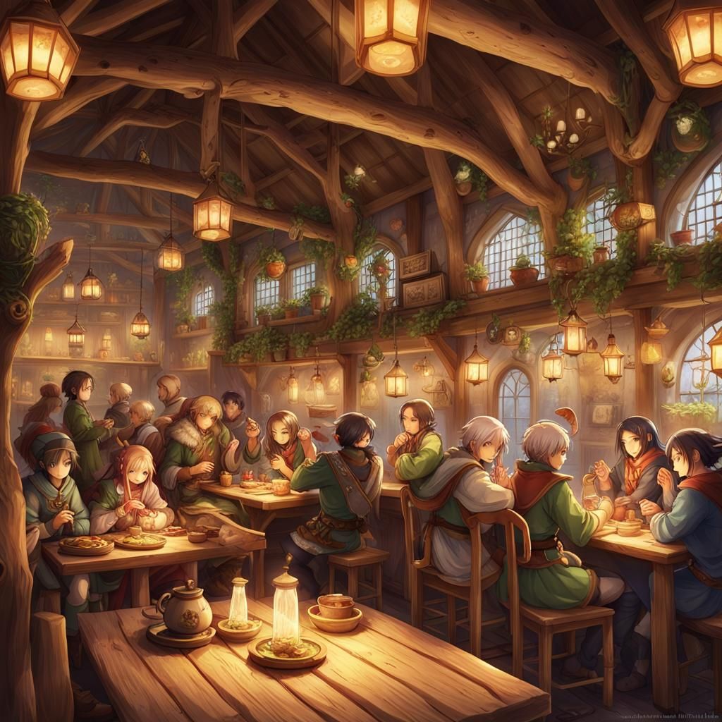 Lively Fantasy Tavern Scene in Anime Style