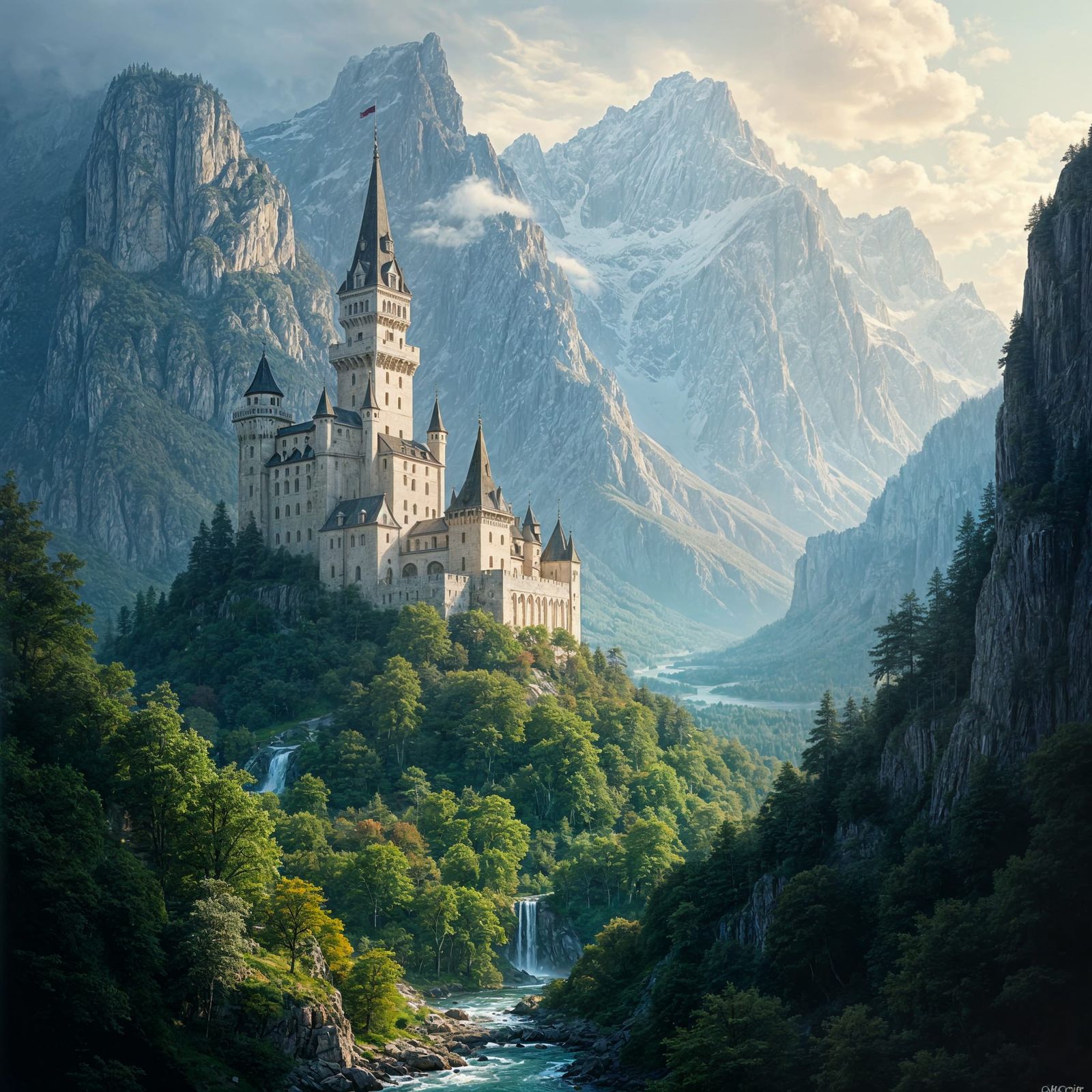 Epic Classical Painting of White Tower Amidst Majestic Mount...