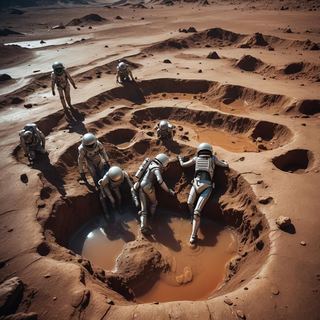 Astronauts in Alien Footprint Hot Spring on Mars