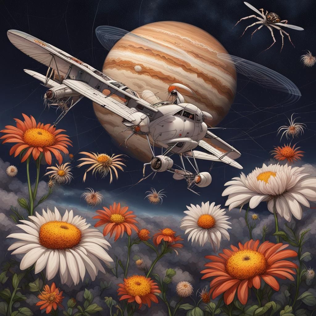 Surreal Jupiter Landscape with Spiders and Flowers