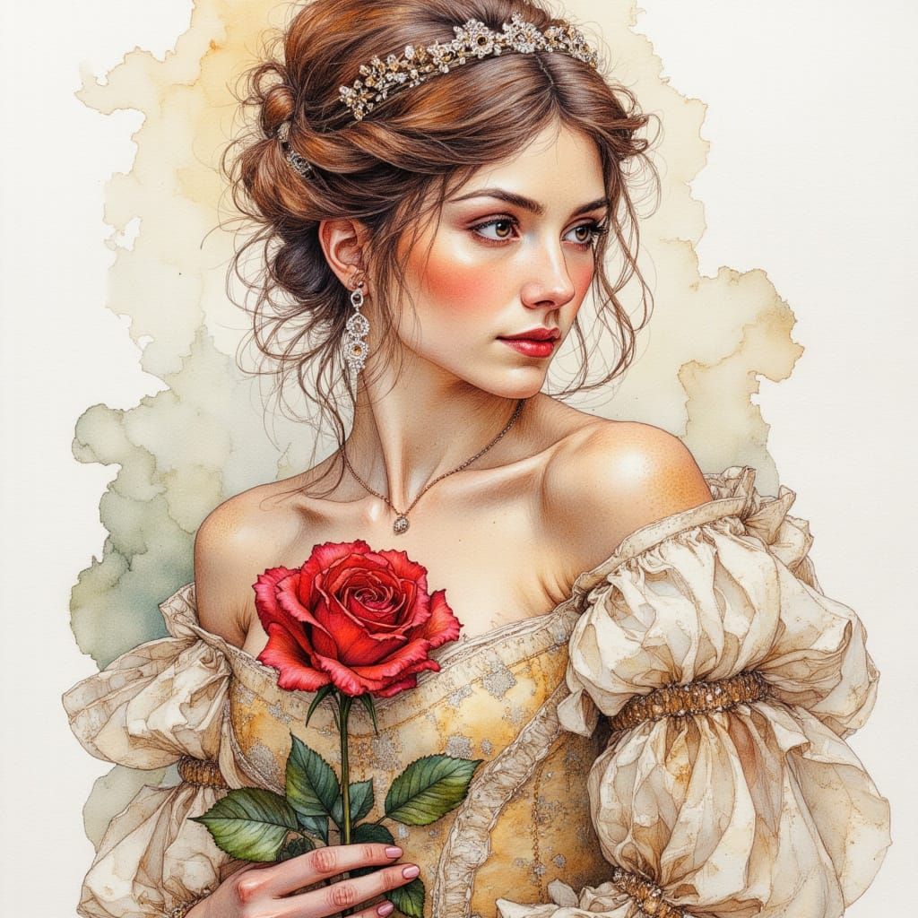 Belle and Rose: Intricate Pen and Ink Masterpiece