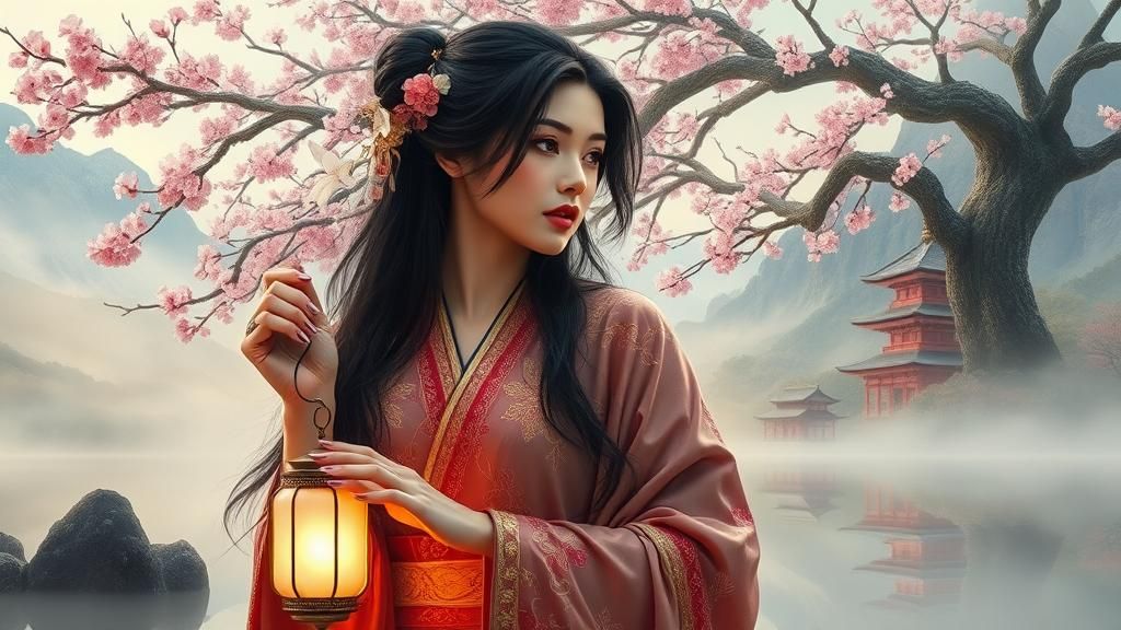 Ethereal Asian Woman with Sakura Tree Portrait