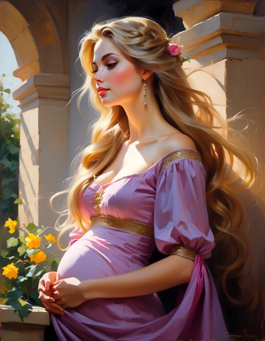 Pregnant Rapunzel Portrait with Long Hair