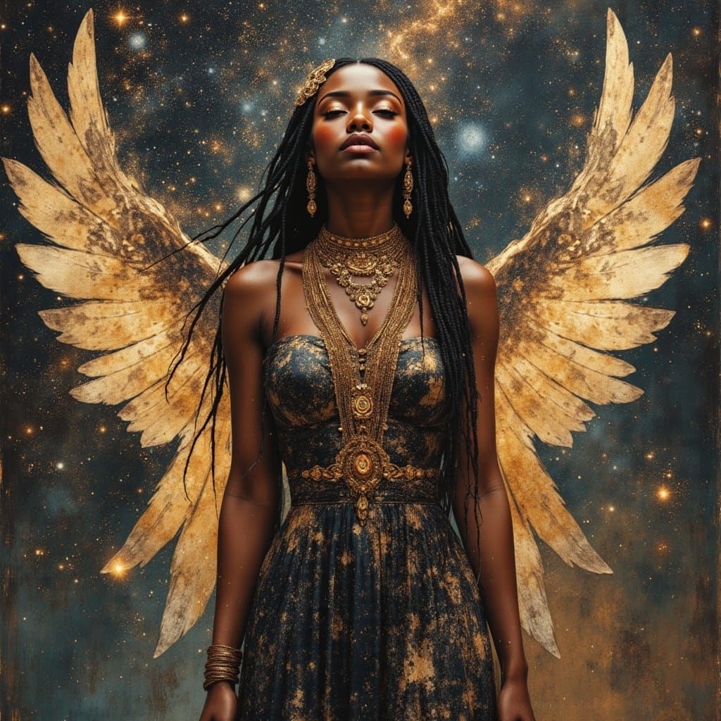 Regal African Winged Goddess in Cosmic Scene