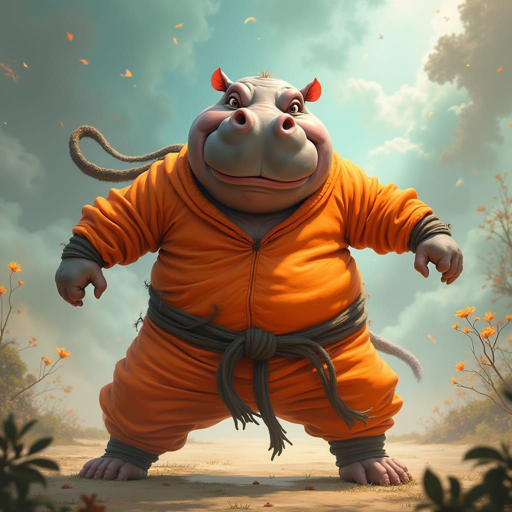 Anthropomorphic Ninja Hippo in 3D Caricature Style